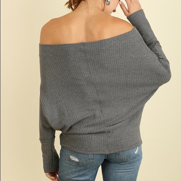 SOLD OUT Charcoal Gray Knit Off Shoulder Batwing Top - Picture 4 of 4